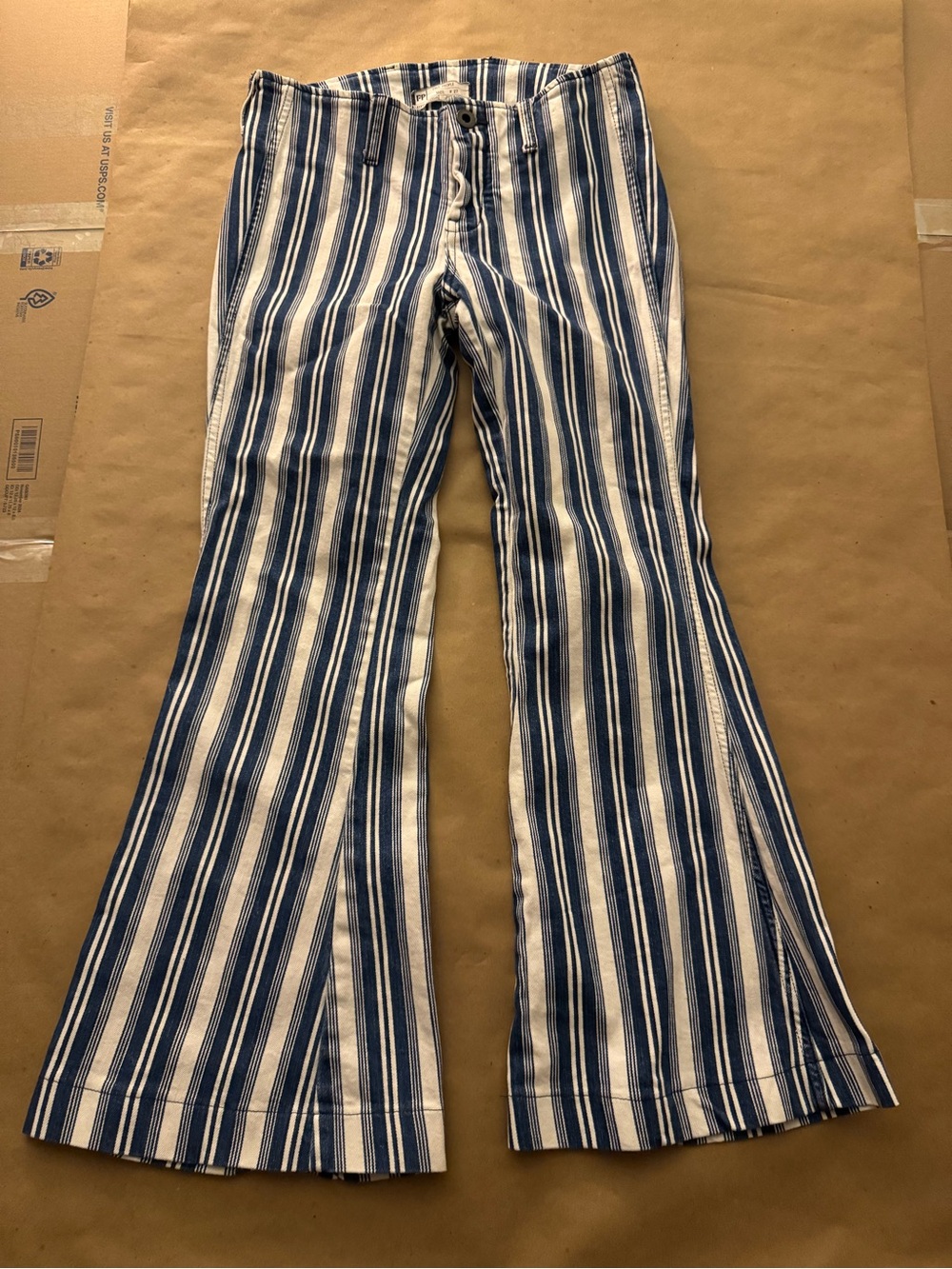 Free People Pants 27 Jolene Hip Hugger Striped Flare Blue Boho Denim Festival